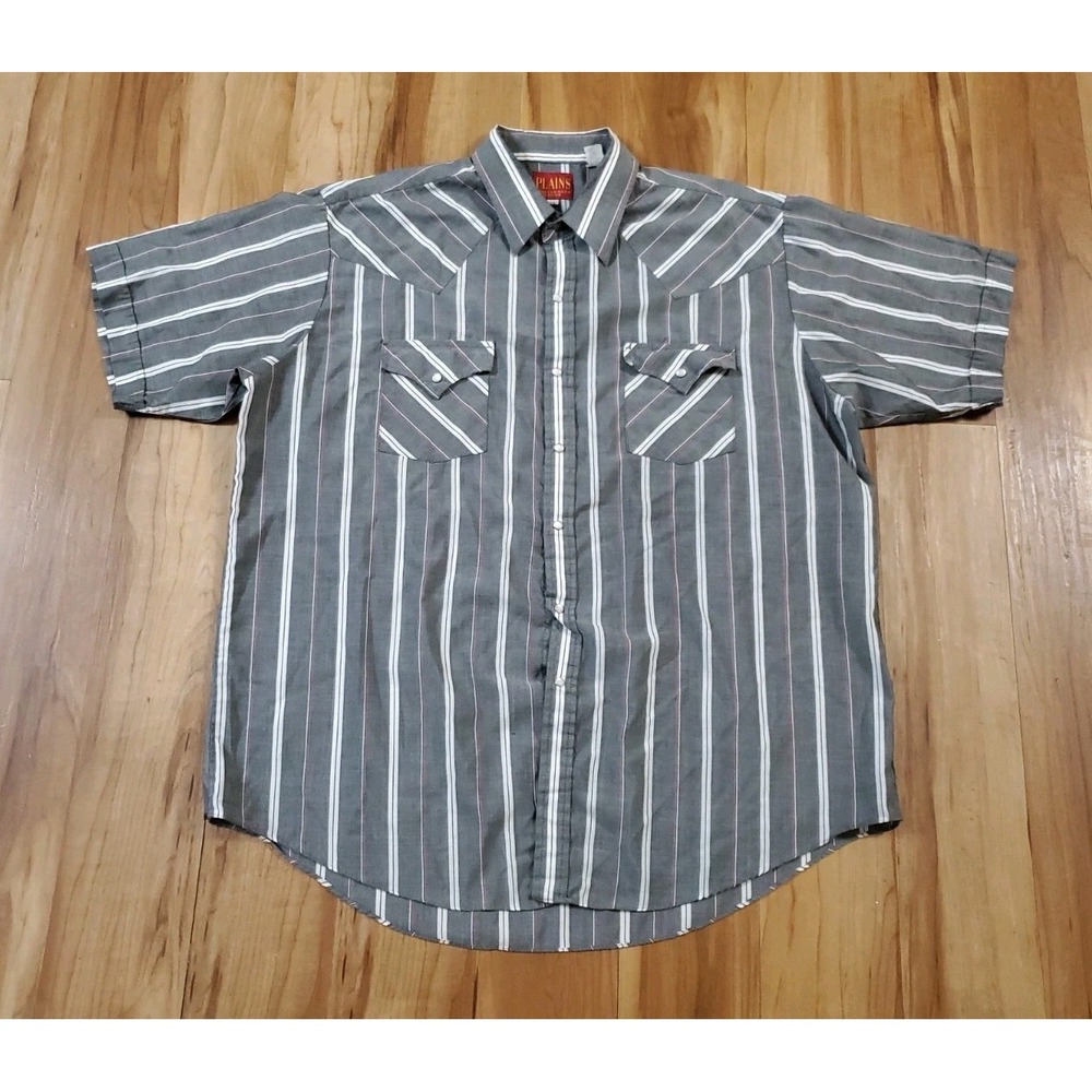 Vtg Plains Western Wear Pearl Snap Shirt Mens XL Short Sleeve Gray Striped